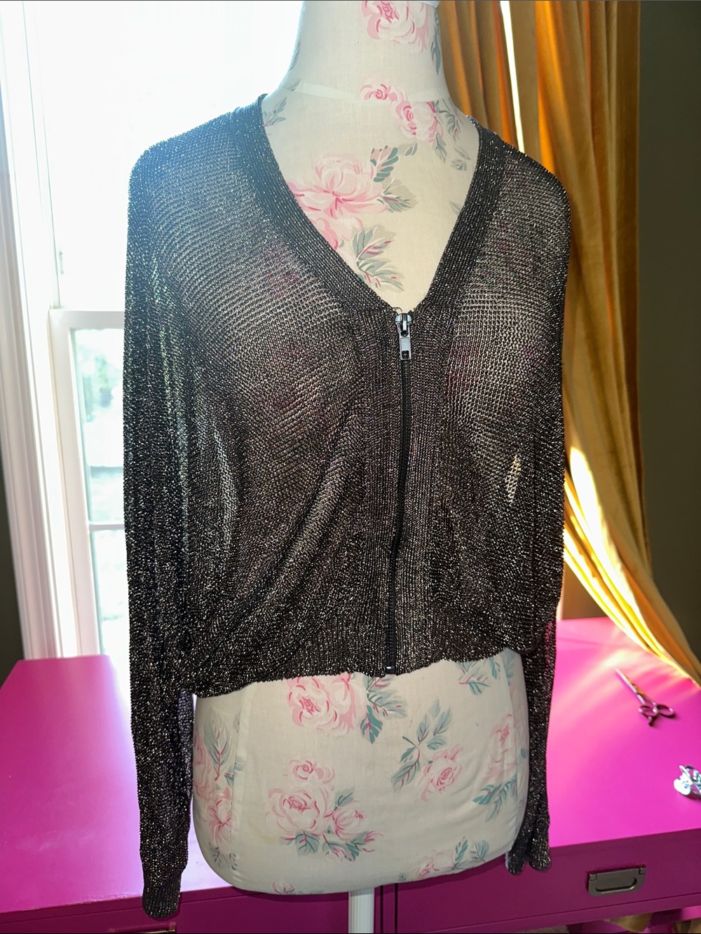 Zara Shimmery Black V-Neck Zip-Front Sweater